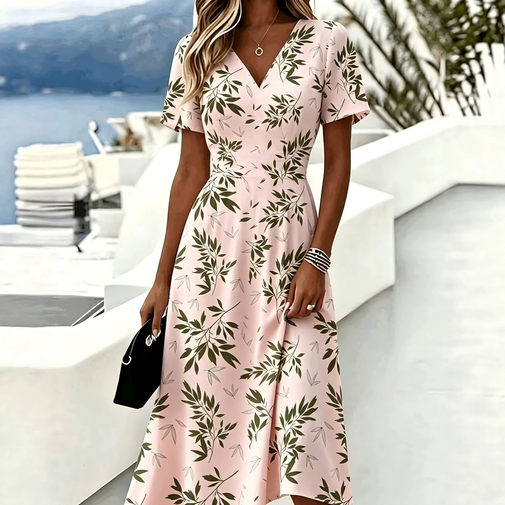 Women's Floral Leaf Print Casual Midi Dress with Deep V-Neck and Short Sleeves