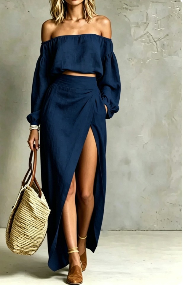 Women's Solid Color Bandeau Casual Two-Piece Set with Slit