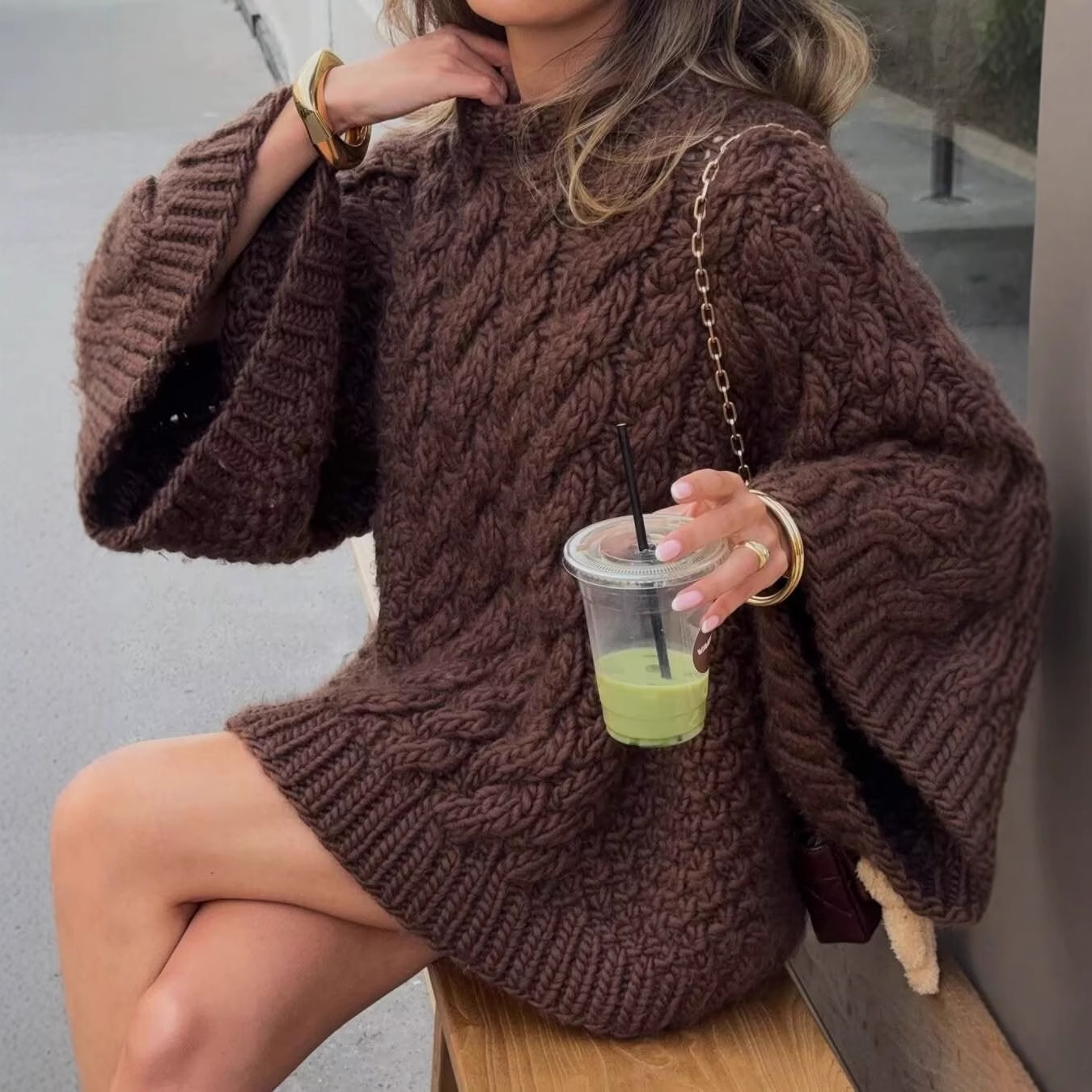 Women's Retro Cable-Knit Sweater with Oversized Sleeves
