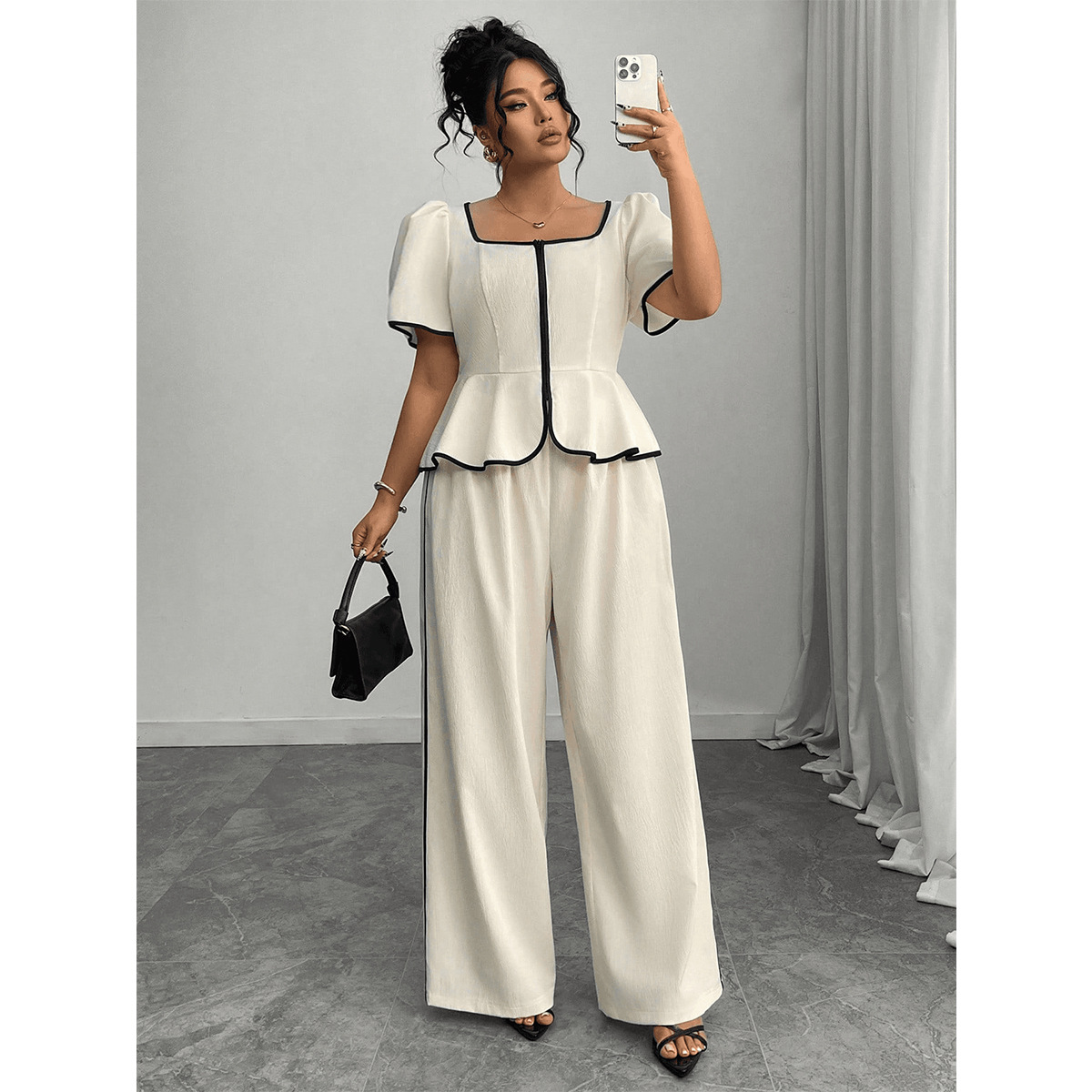 Plus Size French Square Neck Colorblock Two-Piece Set with Waist-Cinching Ruffle Top and Wide-Leg Pants