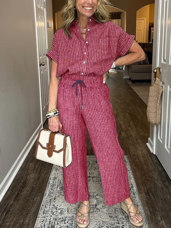 Women's Striped Two-Piece Set with Collared Short Sleeve Top and Straight-Leg Pants