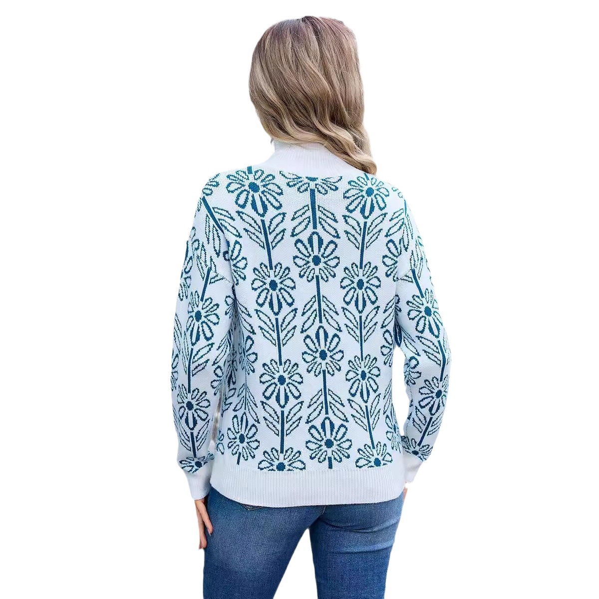 Floral Jacquard Mock Neck Knit Sweater