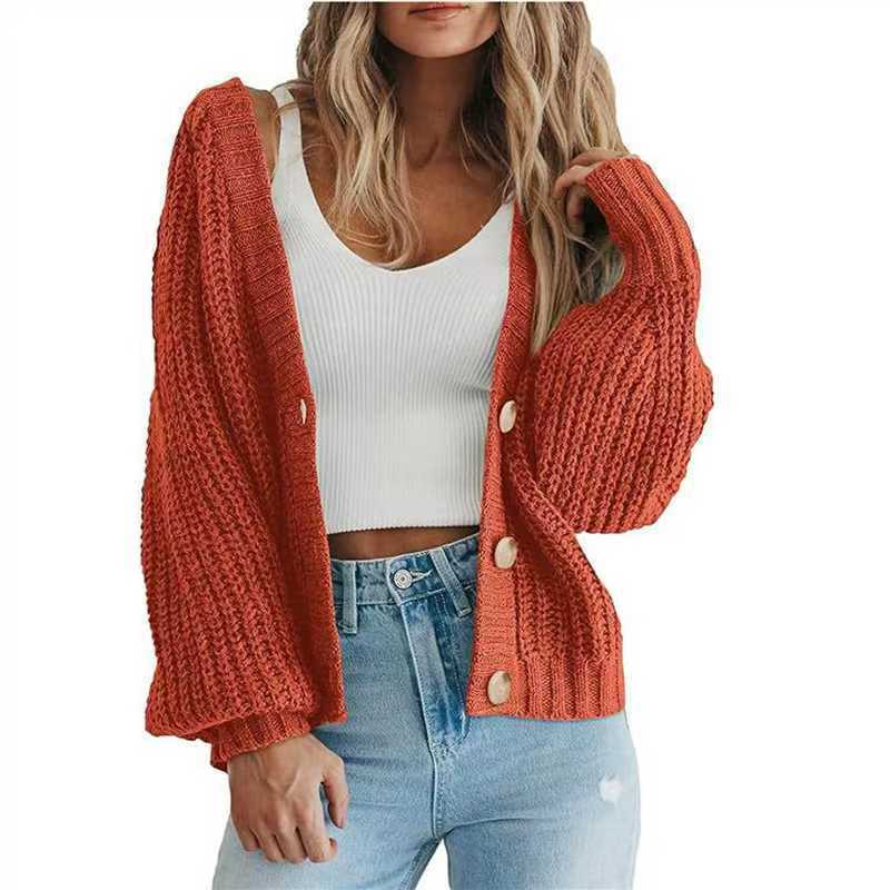 Women's Loose Knit Cardigan Sweater with Lantern Sleeves