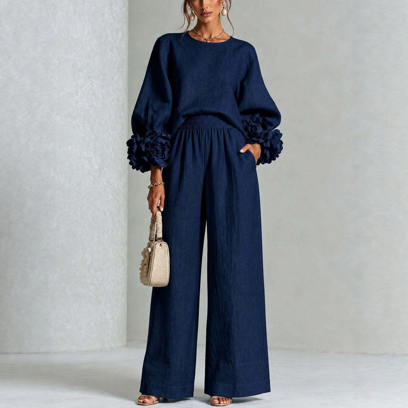 Floral Cuff Top and Wide-Leg Pants Set