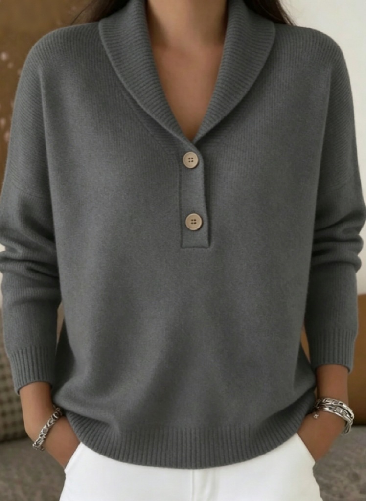 Soft Skin-Friendly Shawl Collar Knit Sweater Women's Two-Button Half-Open Neck Loose Solid Pullover