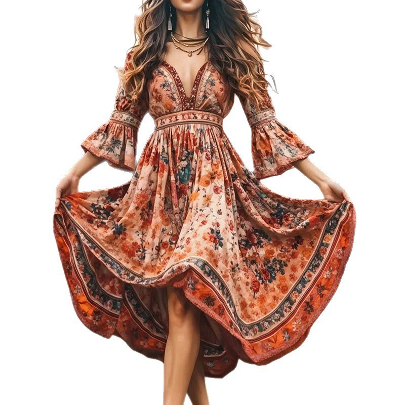 Floral Print V-Neck Bell Sleeve Long Dress