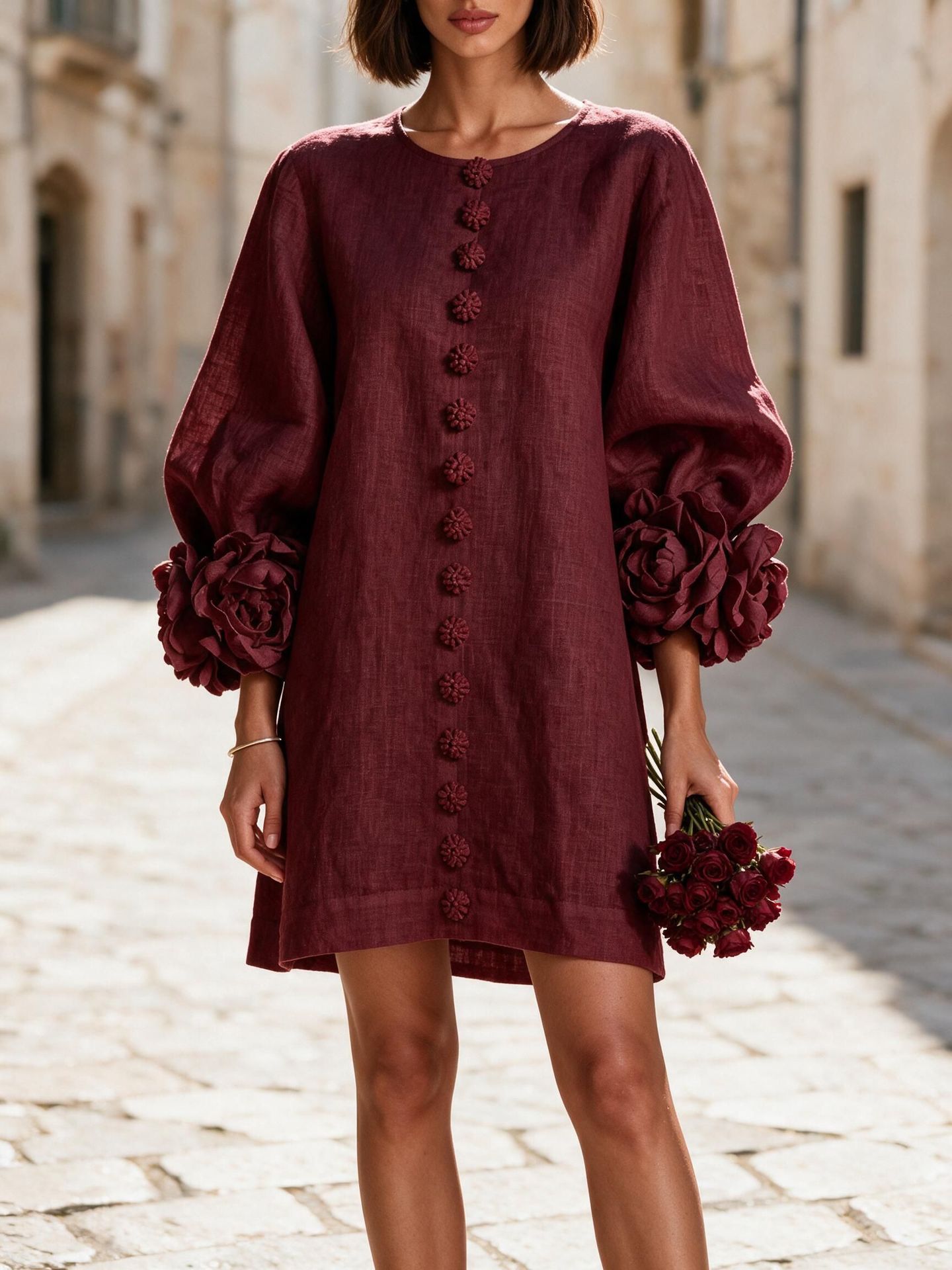 French 3D Floral Lantern Sleeve Dress