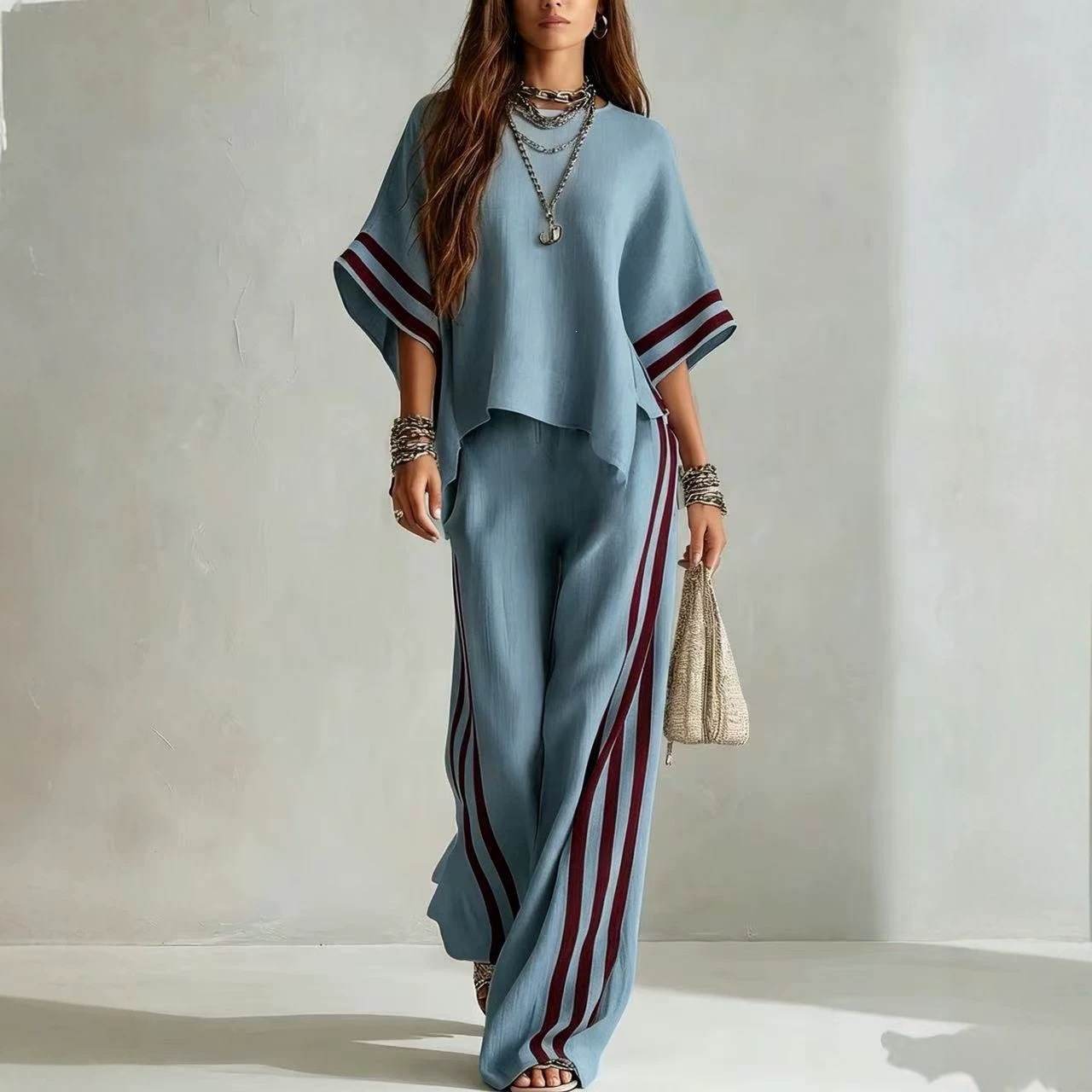Women's Striped Two-Piece Wide-Leg Pants Set Casual Colorblock