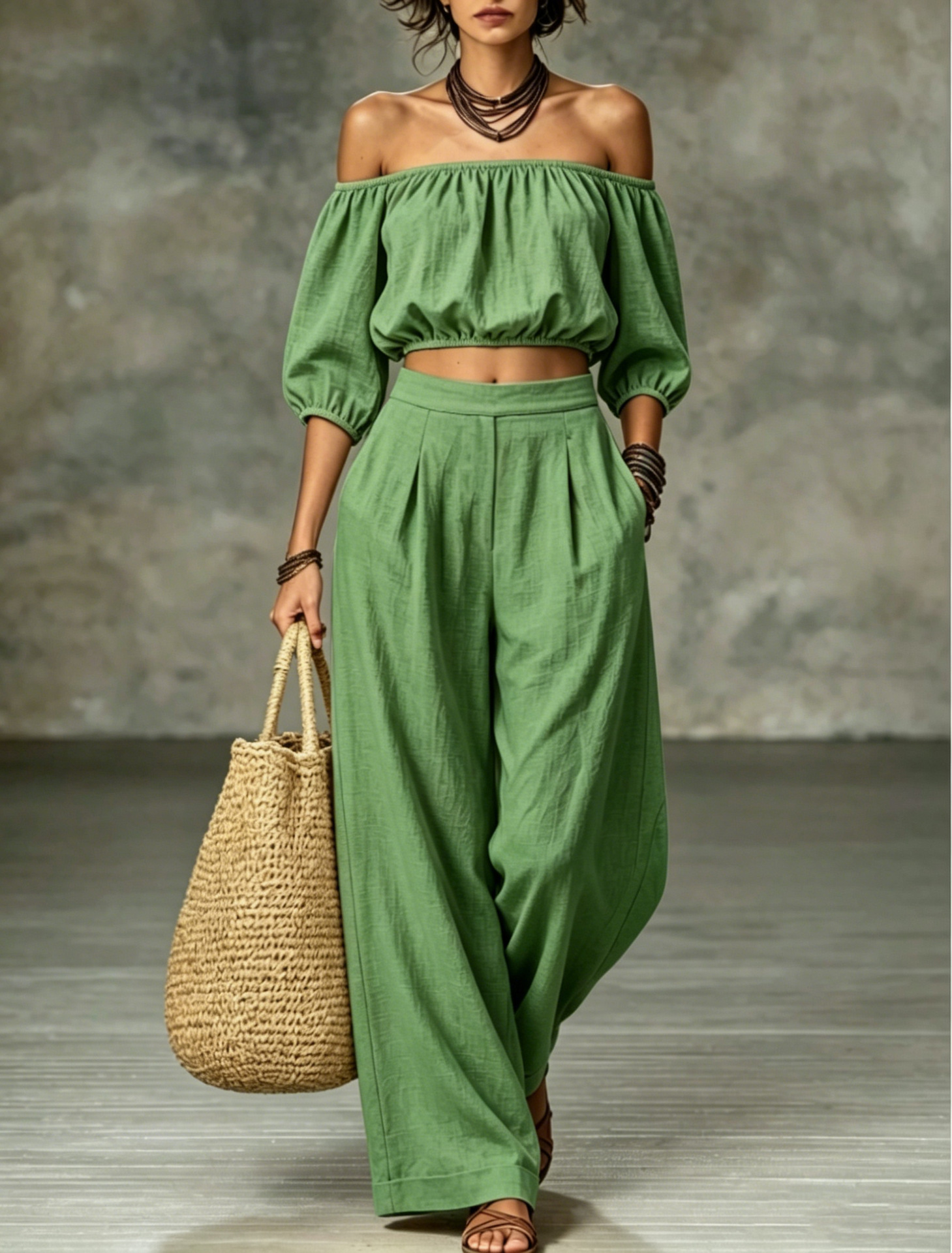 Off-Shoulder Lantern Sleeve High-Waist Wide-Leg Two-Piece Set