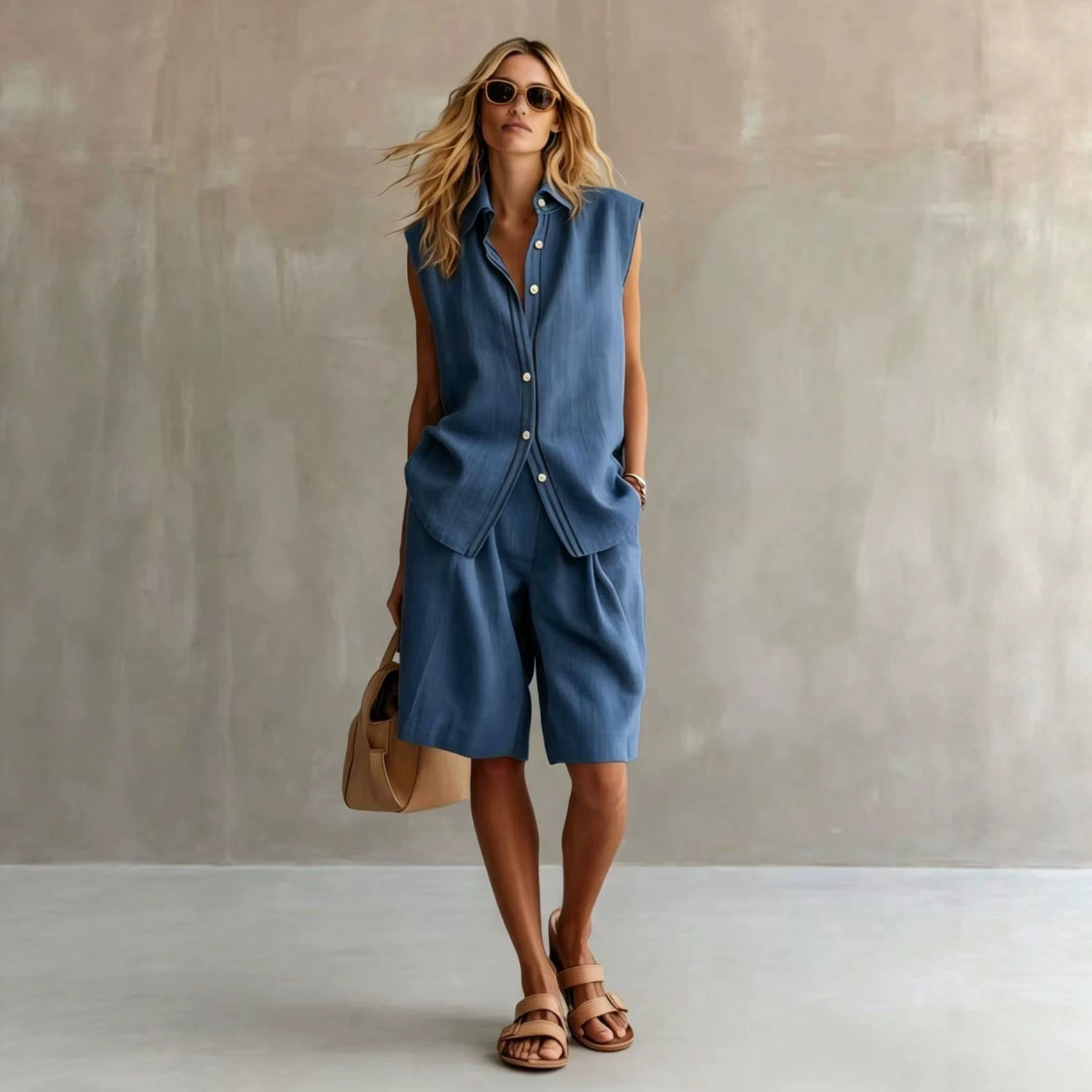 Women's Sleeveless Button-Front Linen-Blend Top and Shorts Set Casual Summer