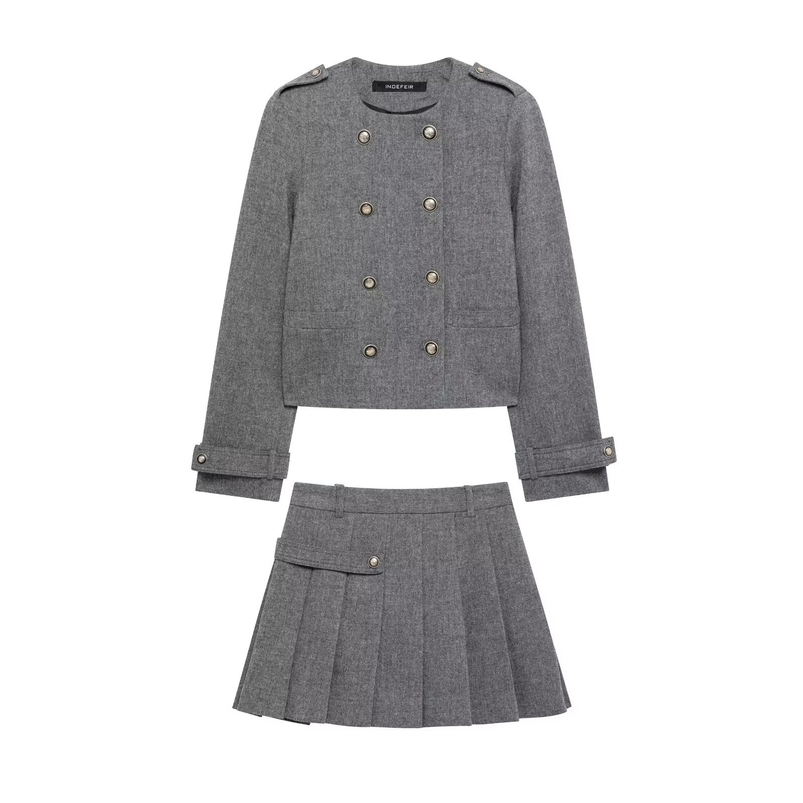 Women's Round Neck Button-Trim Long Sleeve Jacket and Skirt Set