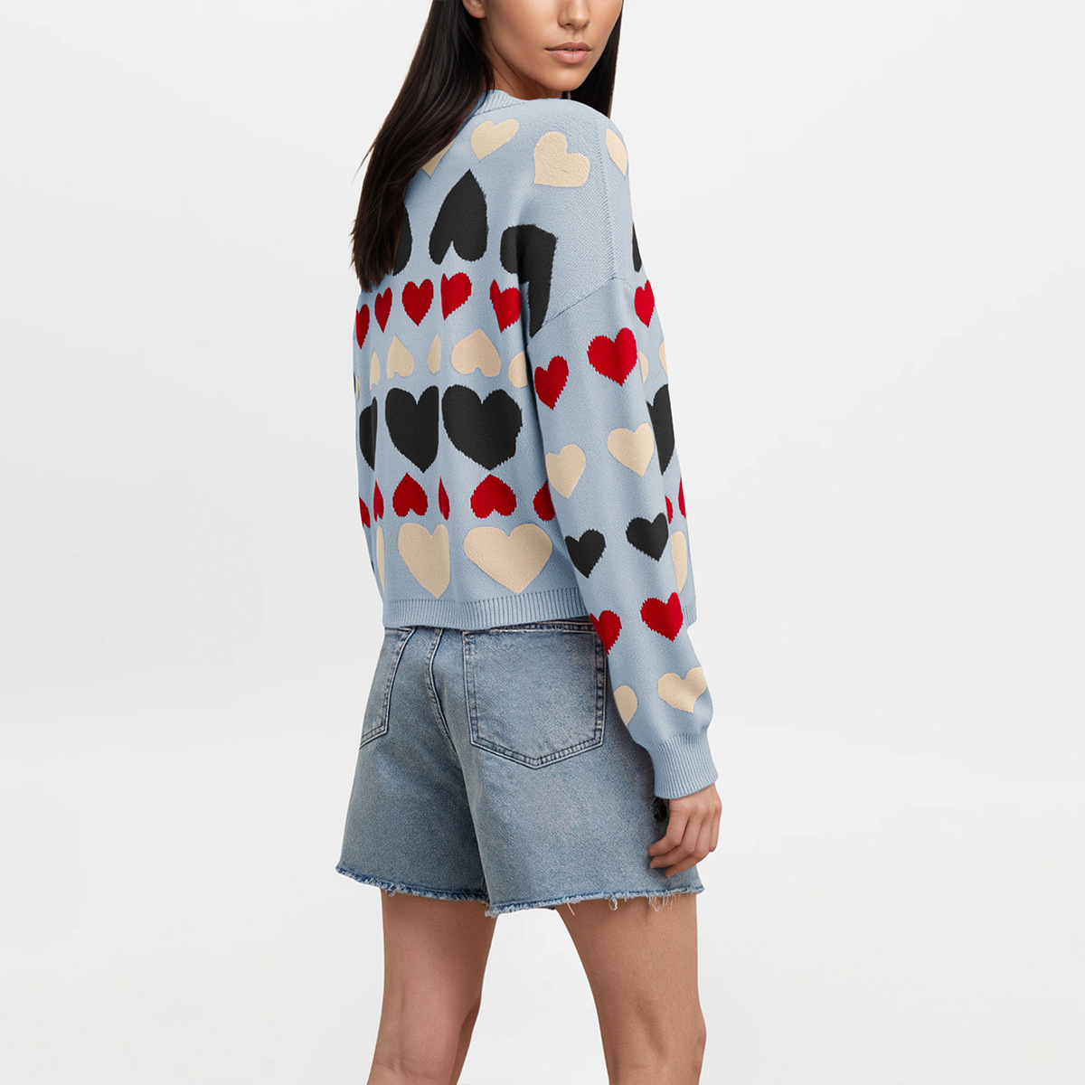 Women's Heart Pullover Sweater Long Sleeve Crew Neck Colorblock