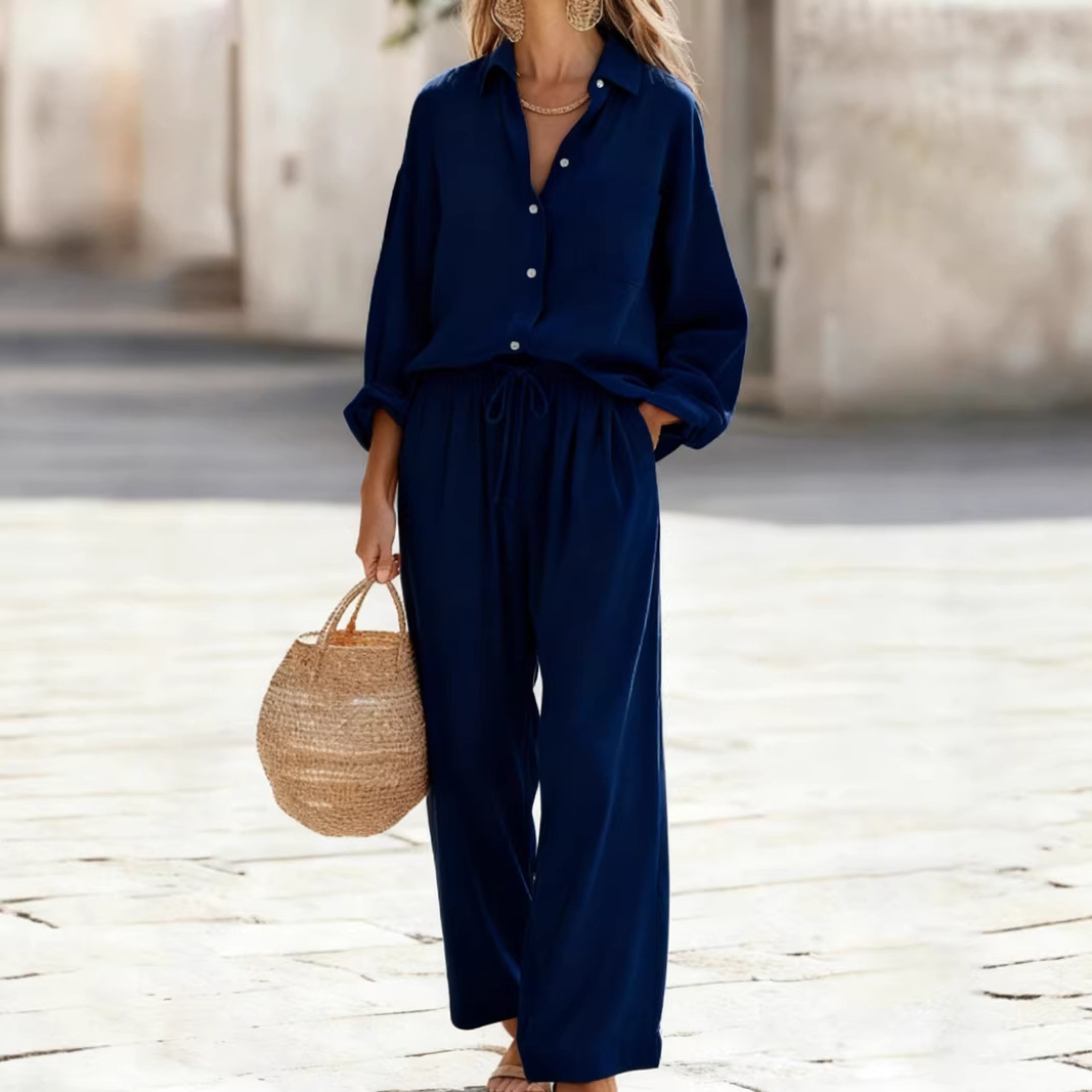 Women's Solid Color Faux Linen Long Sleeve Loose Top Set