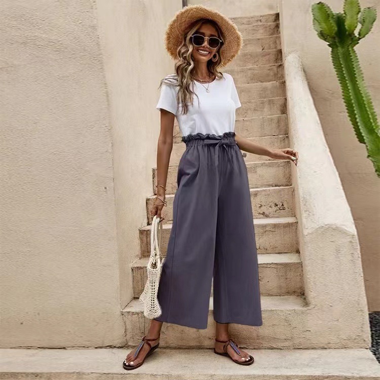 Women's Summer Cotton-Linen Wide-Leg Cropped Pants with Belt