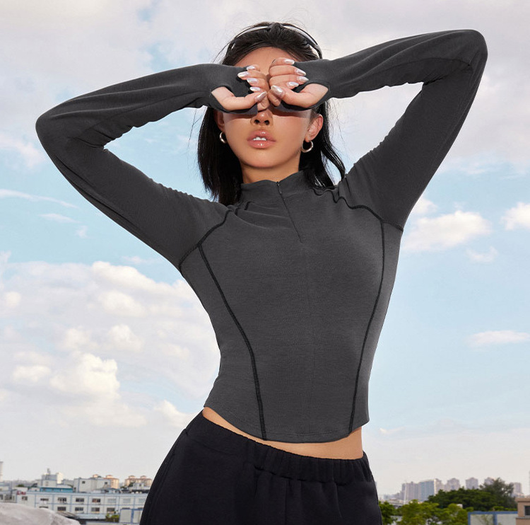 Slim-Fit Long-Sleeve Yoga T-Shirt V-Neck Solid Color