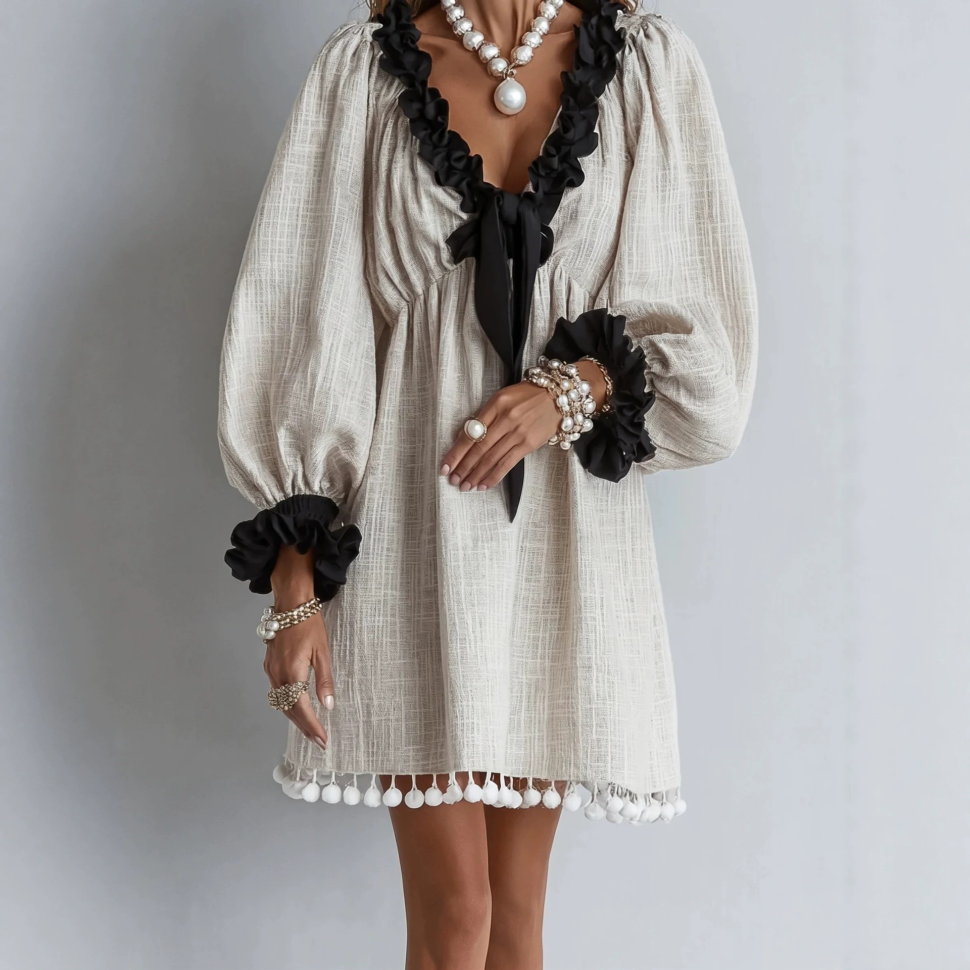 Color-Block Black Lace V-Neck Puff Sleeve Cotton-Linen Short Dress Tie Waist Pom-Pom Hem