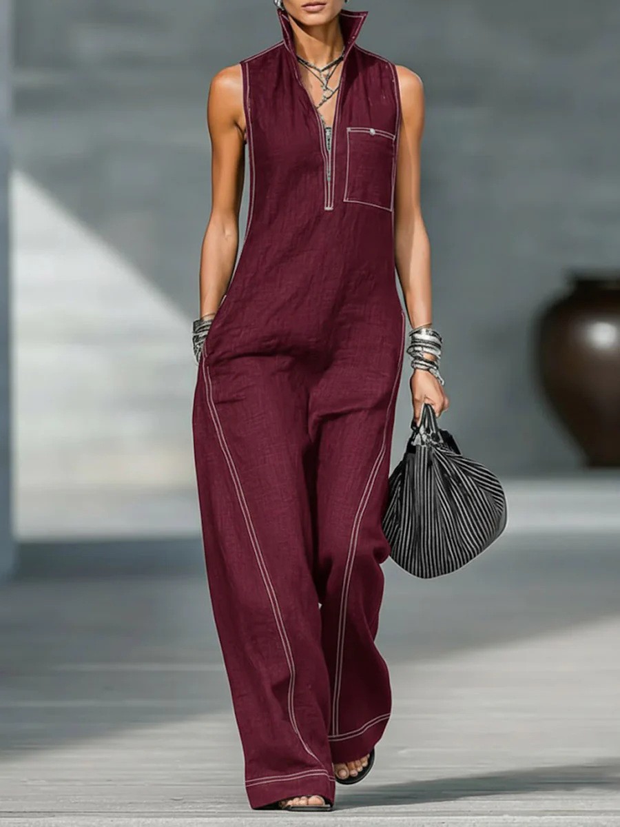 Women's Sleeveless Stand Collar Wide-Leg Jumpsuit