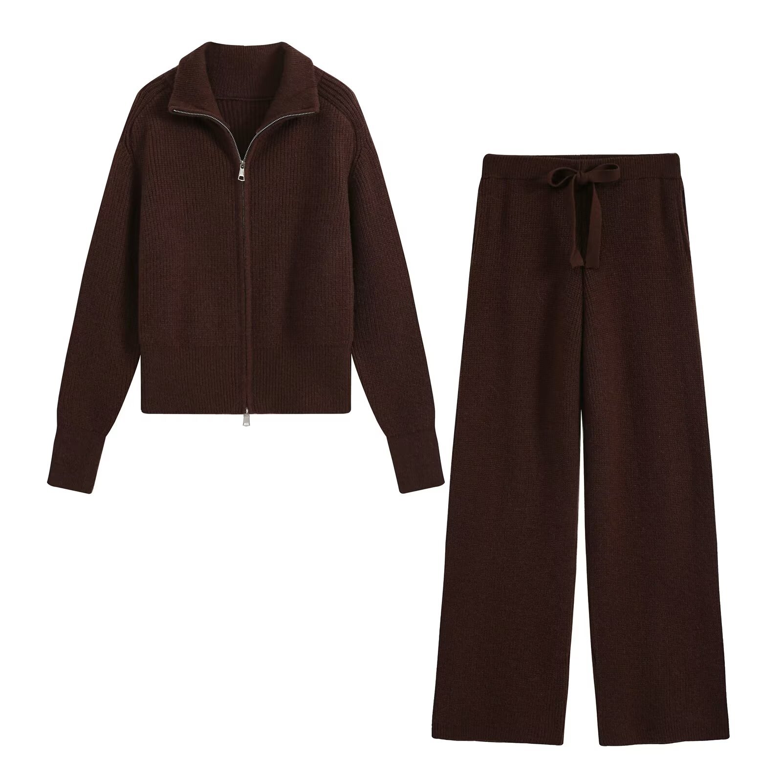 Women's Solid Color Zip Knit Two-Piece Pants Set