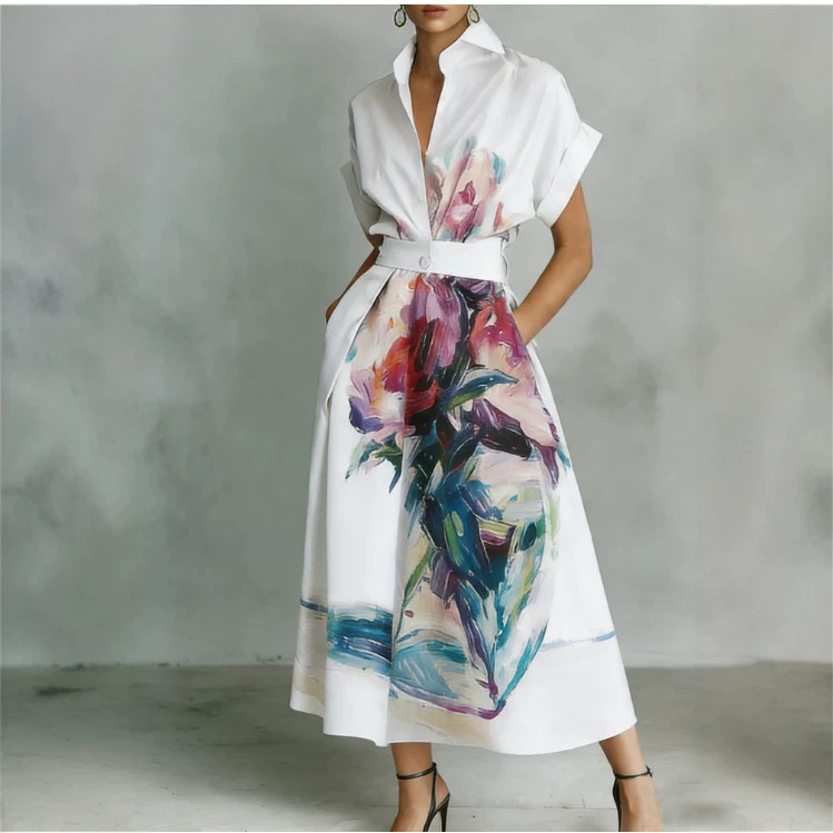 3D Floral Bird Print Beach Vacation Shirt Dress Cover-Up