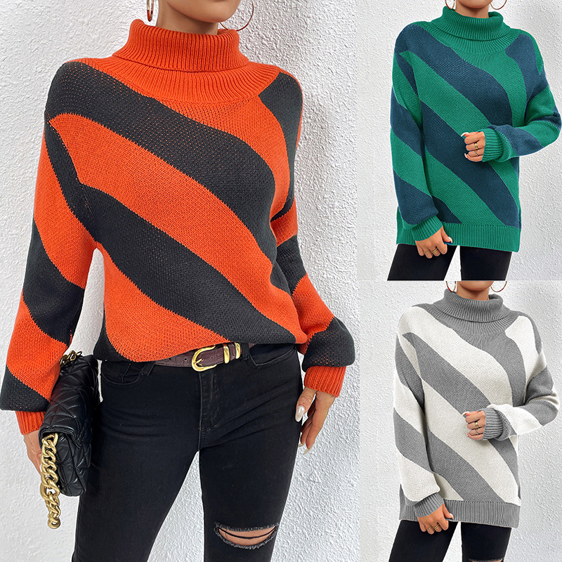Women's Turtleneck Pullover Sweater Color-Block Diagonal Striped Knit Top