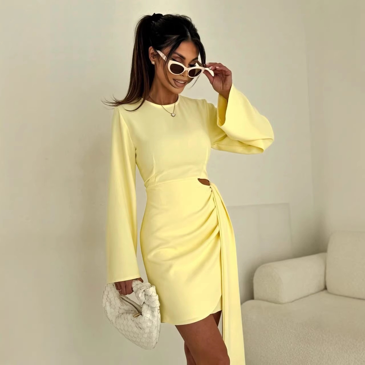 Solid Color Long Sleeve Tie-Waist Bodycon Mini Dress