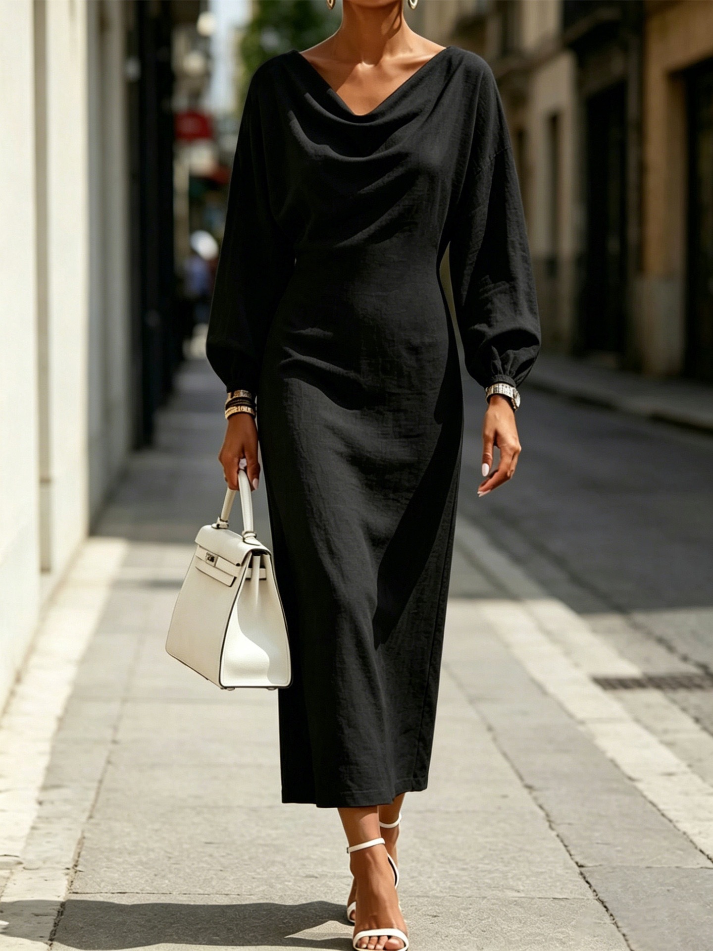 Women's Draped Neck Lantern Sleeve Long Sleeve Midi Dress Elegant A-Line
