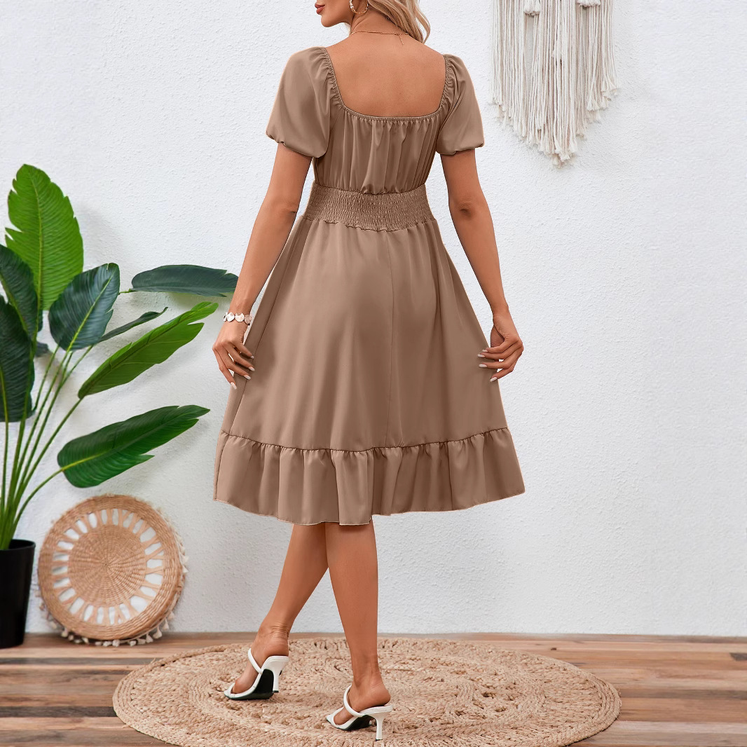 Women's Ruffle A-Line Dress Square Neck Short Sleeve Solid Color