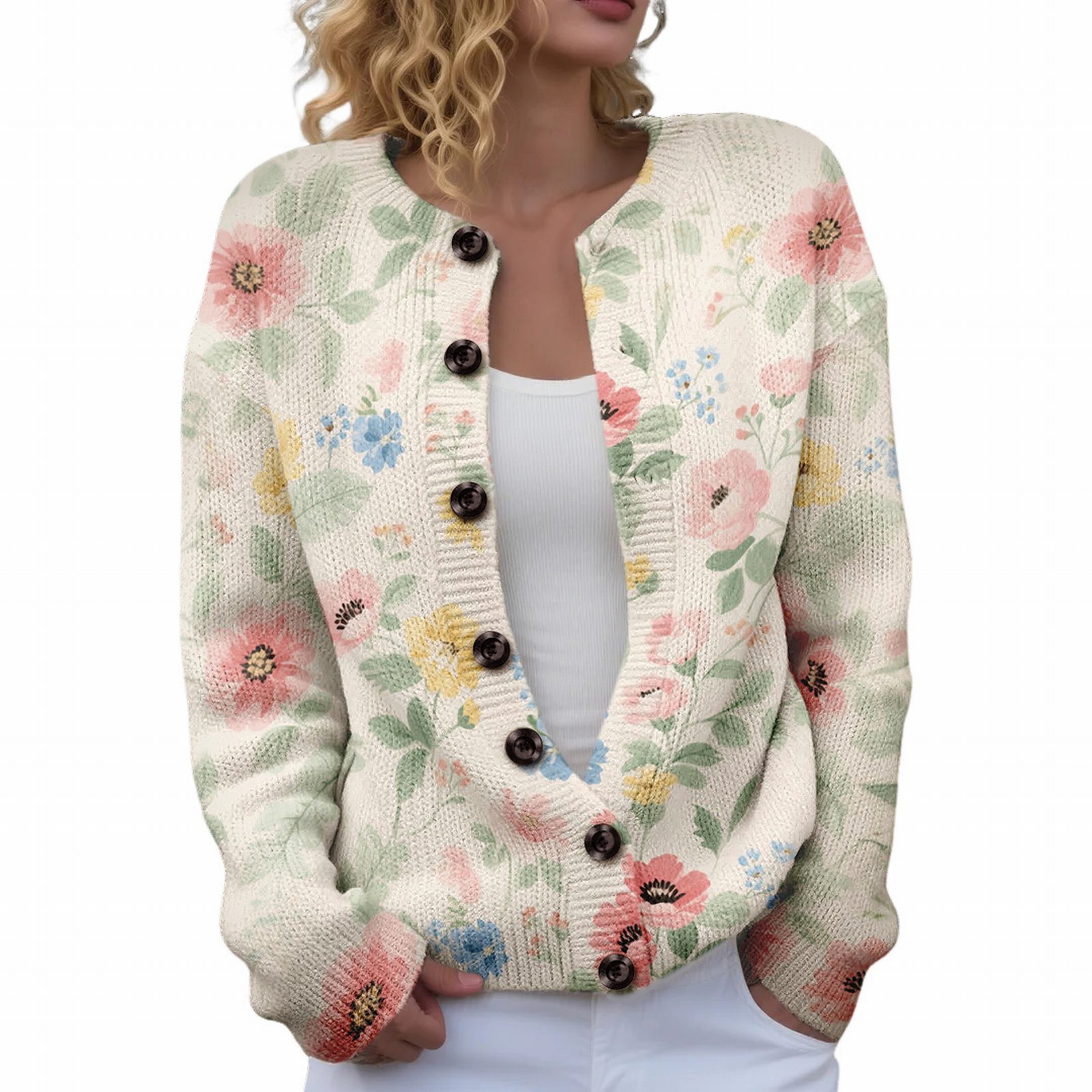 Women's Floral Maple Leaf Print Button Cardigan