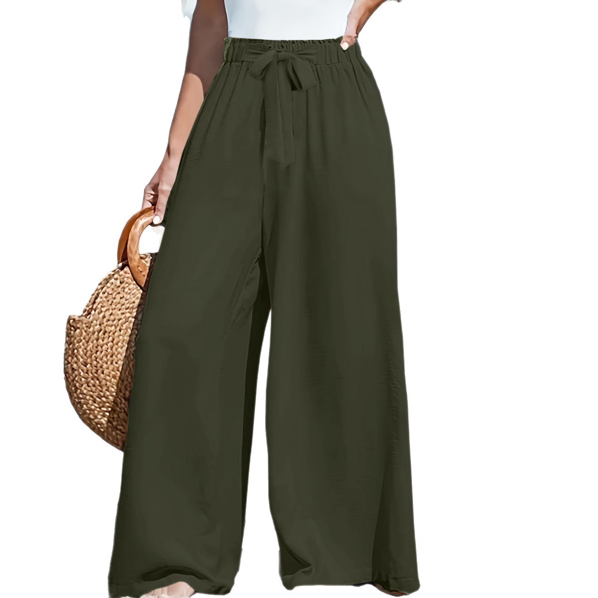 High-Waist Wide-Leg Tie Pants Loose Drapey Commute Casual