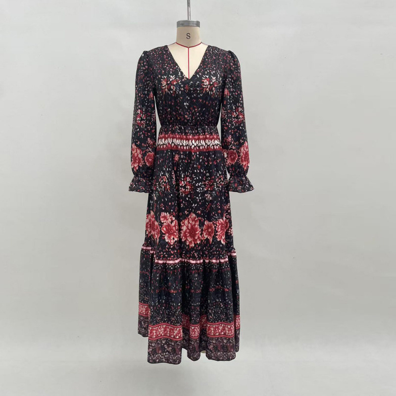 Women's Long Sleeve V-Neck Floral Print Maxi Dress with Lantern Sleeves and High Waist