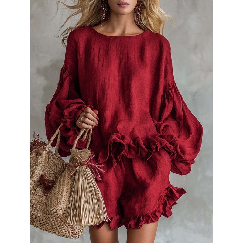Women's Lantern Sleeve Ruffle Shorts Two-Piece Set
