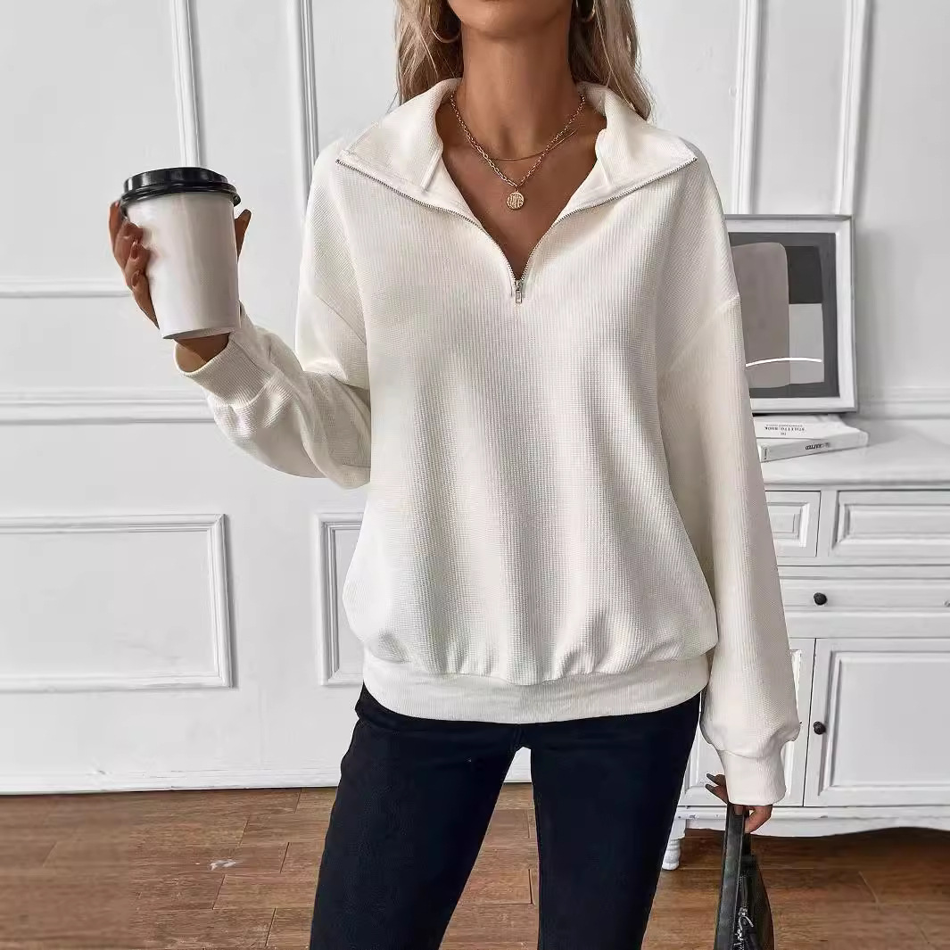 Unisex Loose Fit Solid Color Zip-Up Hoodie with Collar