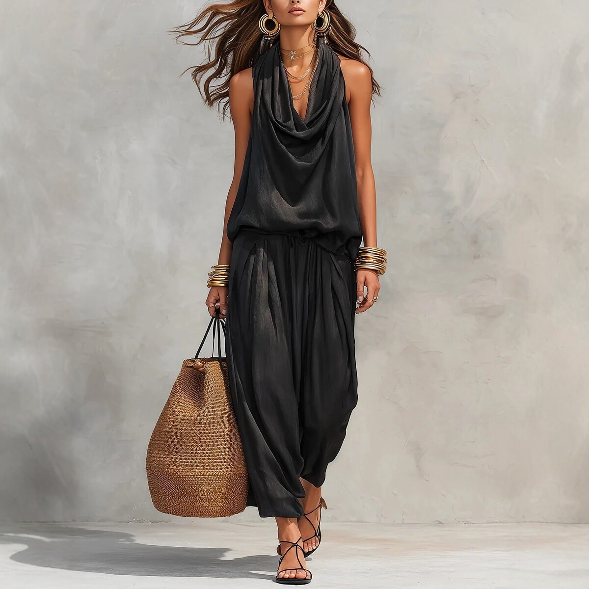 V-Neck Waist-Cinching Ruffle Midi Dress