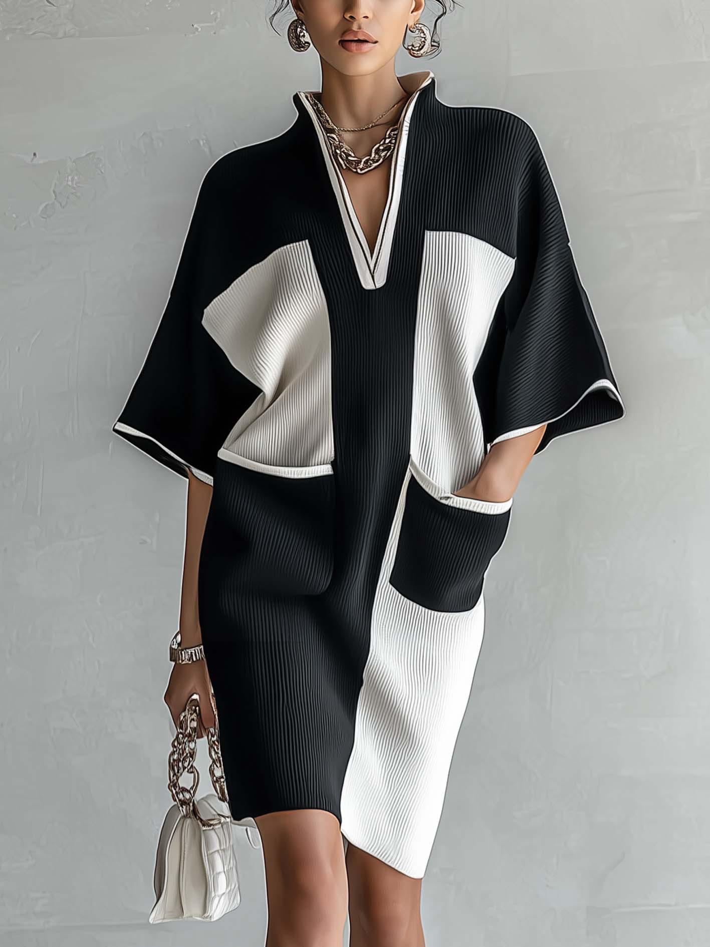Color-Block Ribbed Knit Bodycon Dress with Stand Collar and V-Neck
