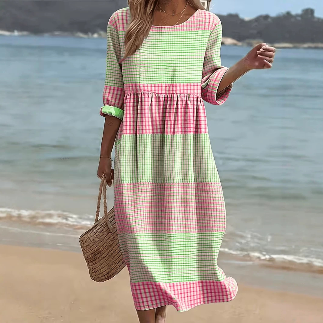 Women's Plaid Color-Block Floral Midi Dress with Pleated Details