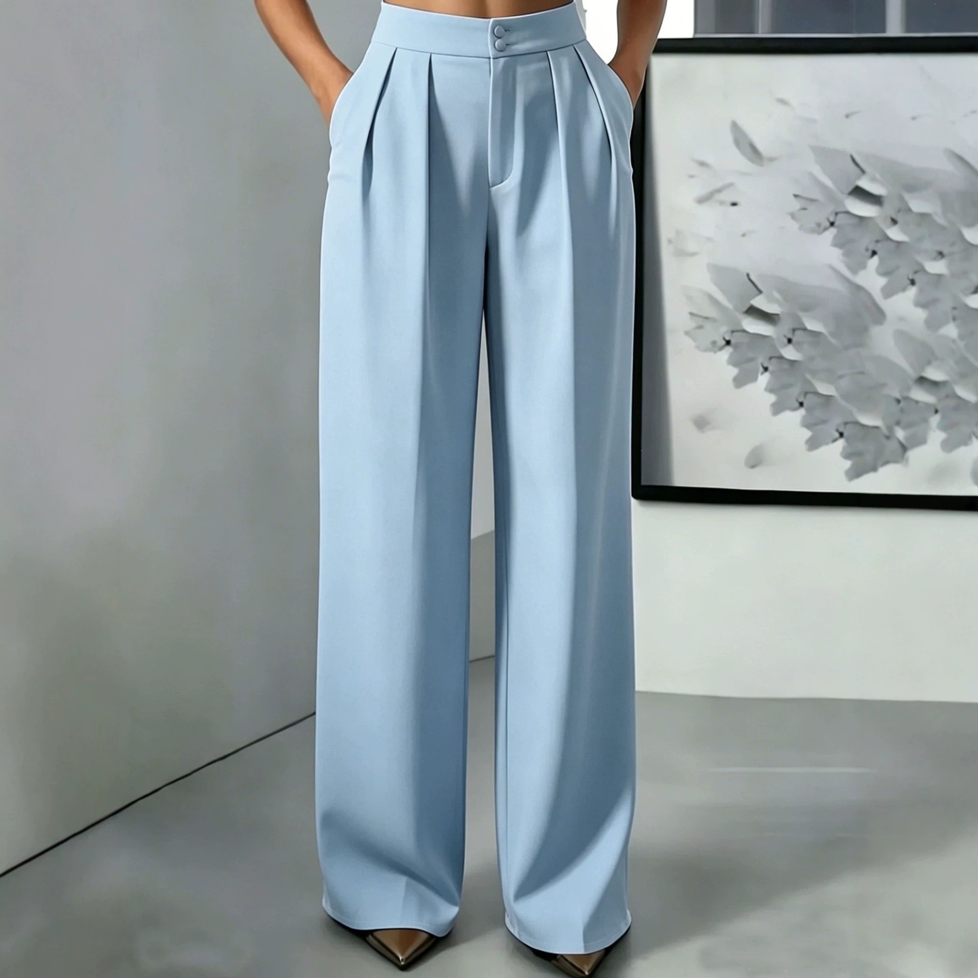 Women's High Waist Straight Leg Tailored Pants with Elastic Waist