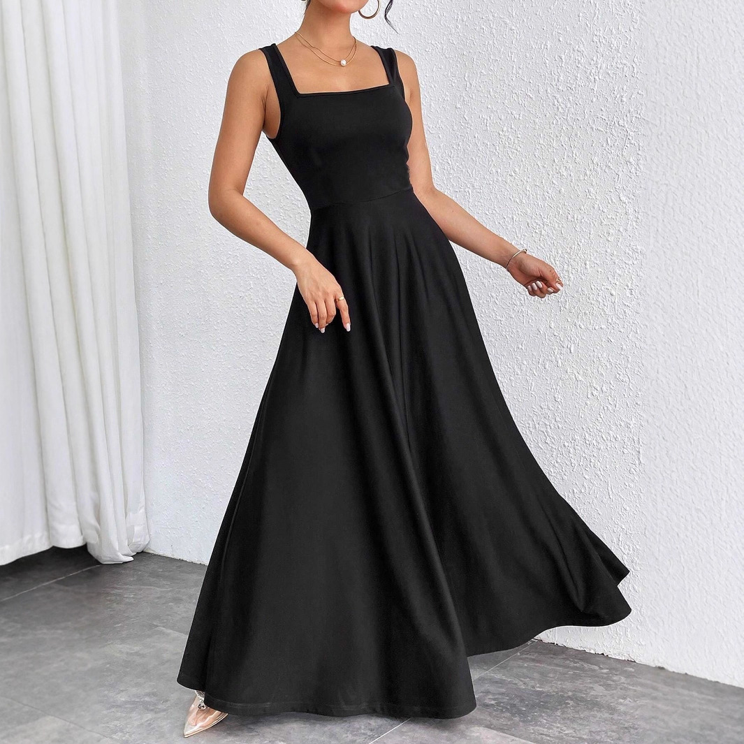 Elegant Square Neck Sleeveless Solid Color Maxi Dress