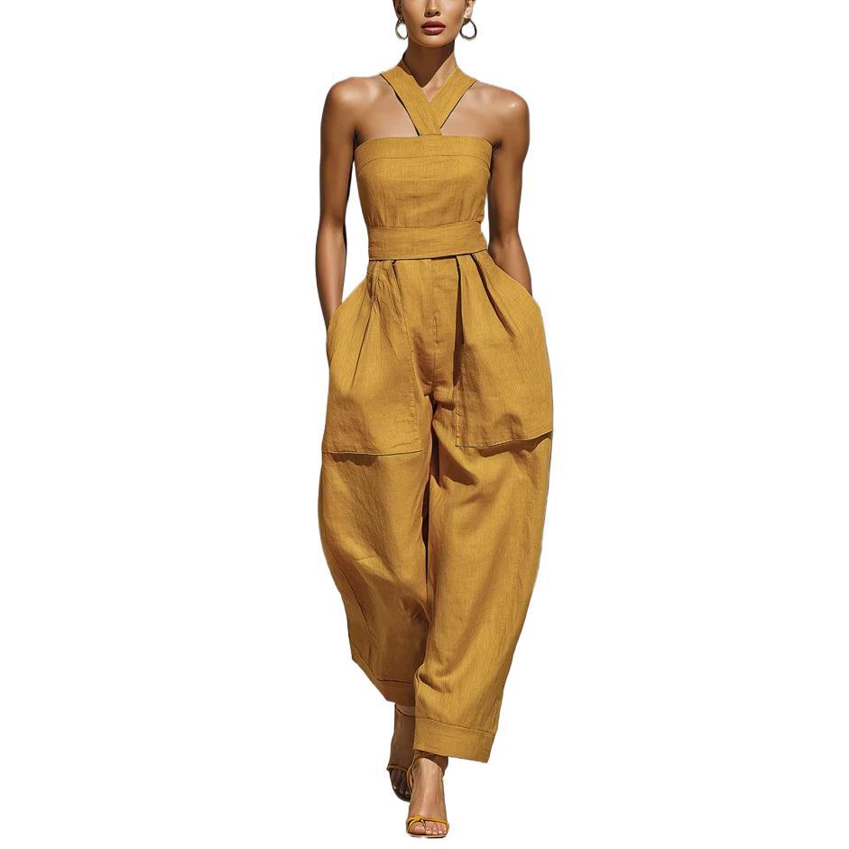 Linen-Blend Cross Halter Neck Loose Women's Jumpsuit
