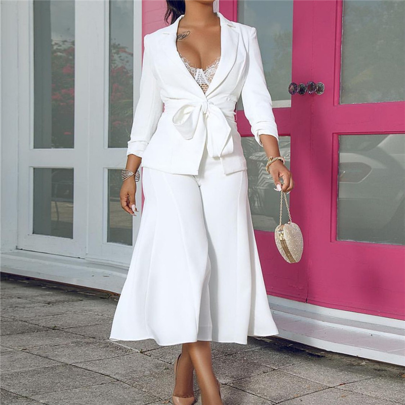 Women's Belted Blazer and Wide-Leg Pants Two-Piece Suit Set
