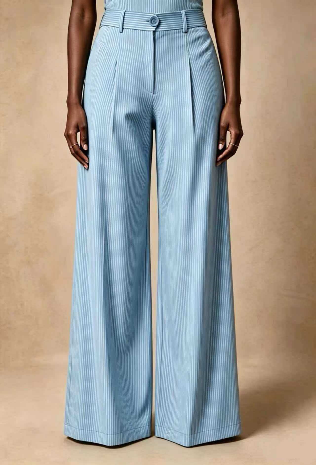 Retro High-Waist Pleated Wide-Leg Striped Pants