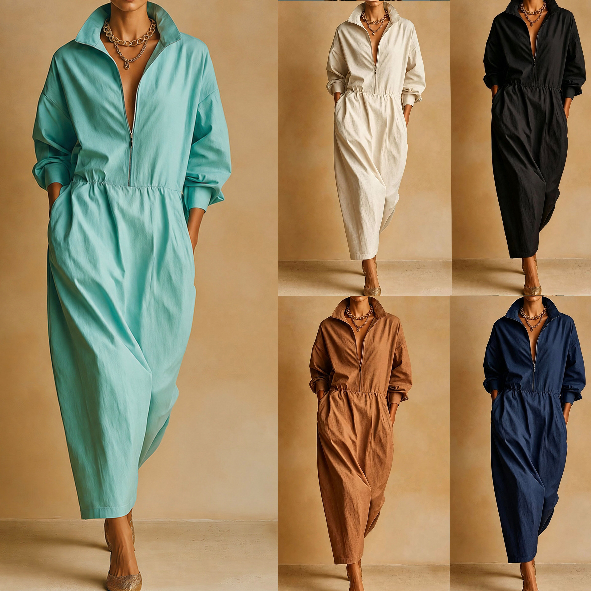 Women's Stand Collar Loose Pocket Midi Dress