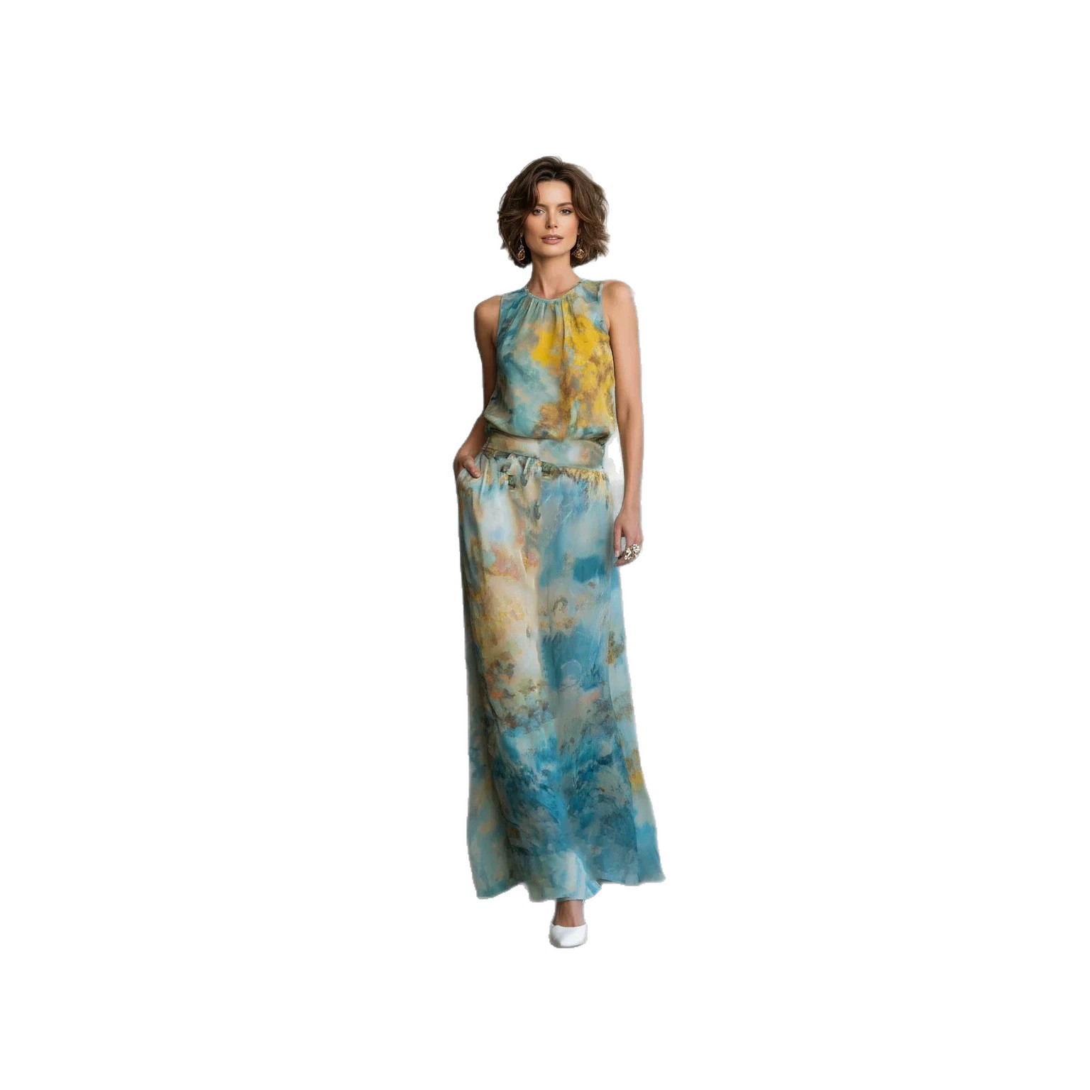 Elegant Floral Print Satin Sleeveless Top and Midi Skirt Set
