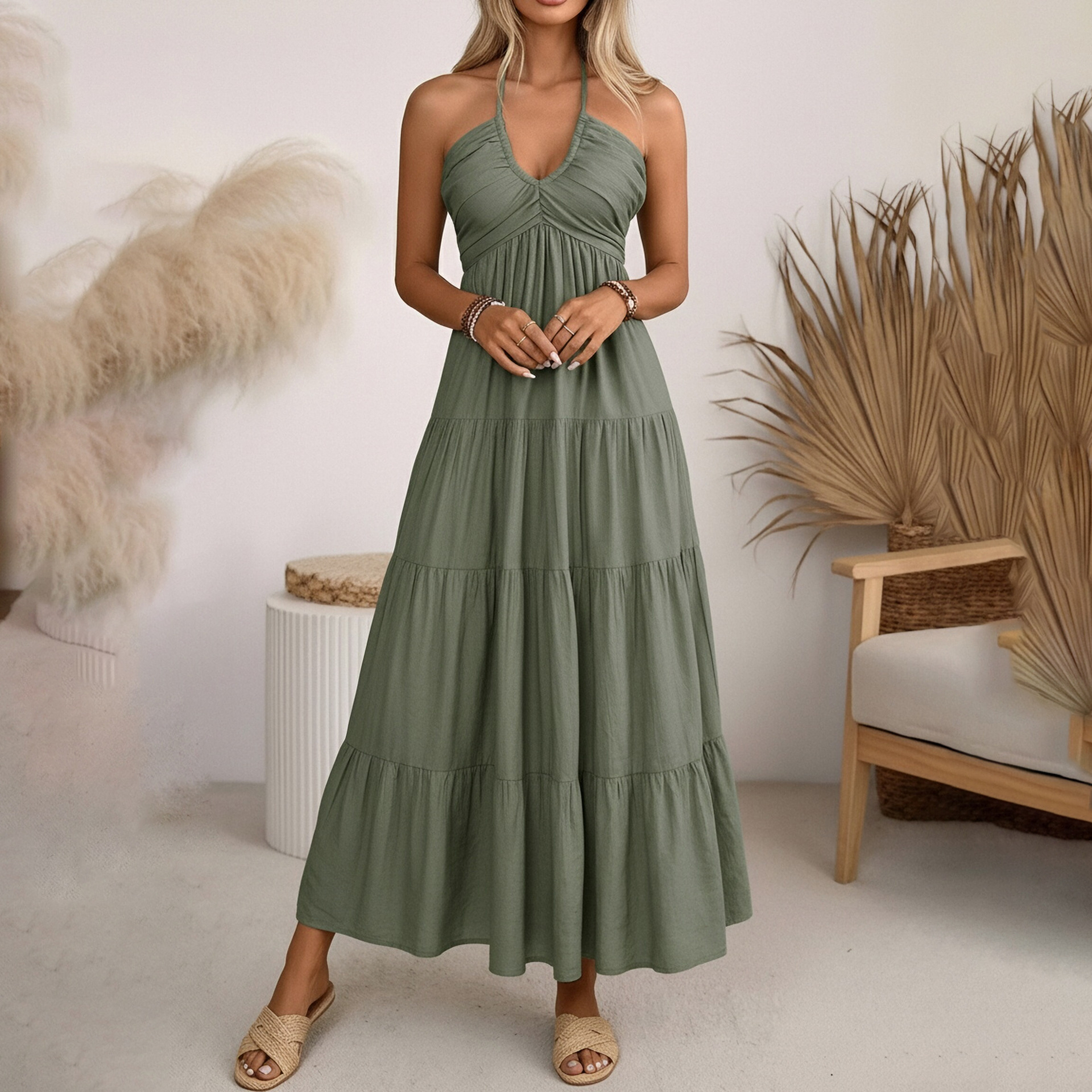 French-Style Elegant Solid Halter Neck Long Dress