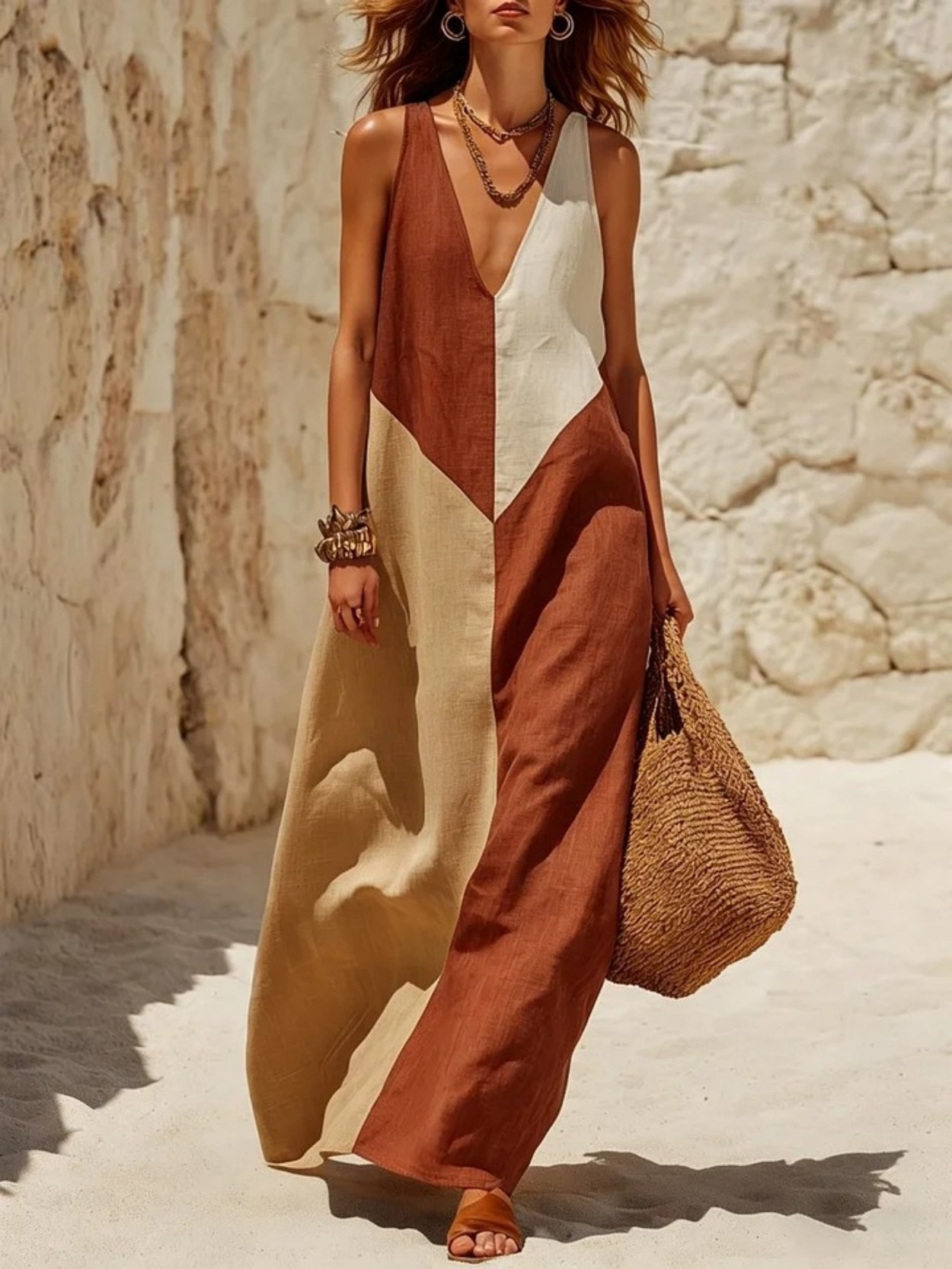 Women's Summer Loose Long Sleeveless V-Neck Colorblock Dress