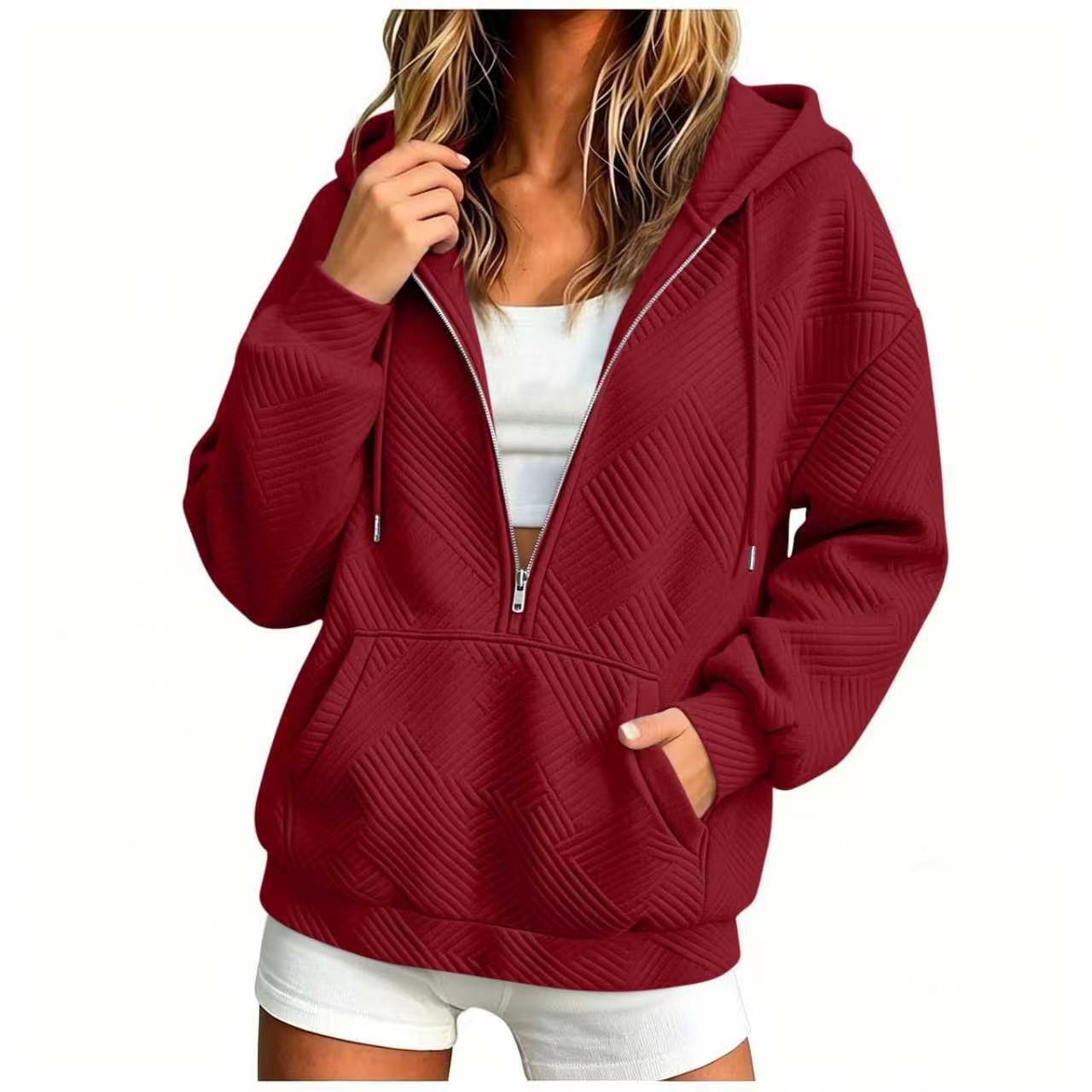 Women's Hooded Drawstring Zip Pocket Loose Sweatshirt