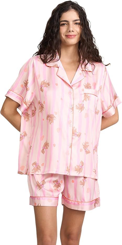 Women's Cuban Collar Satin Striped Print Short Sleeve Shirt Set