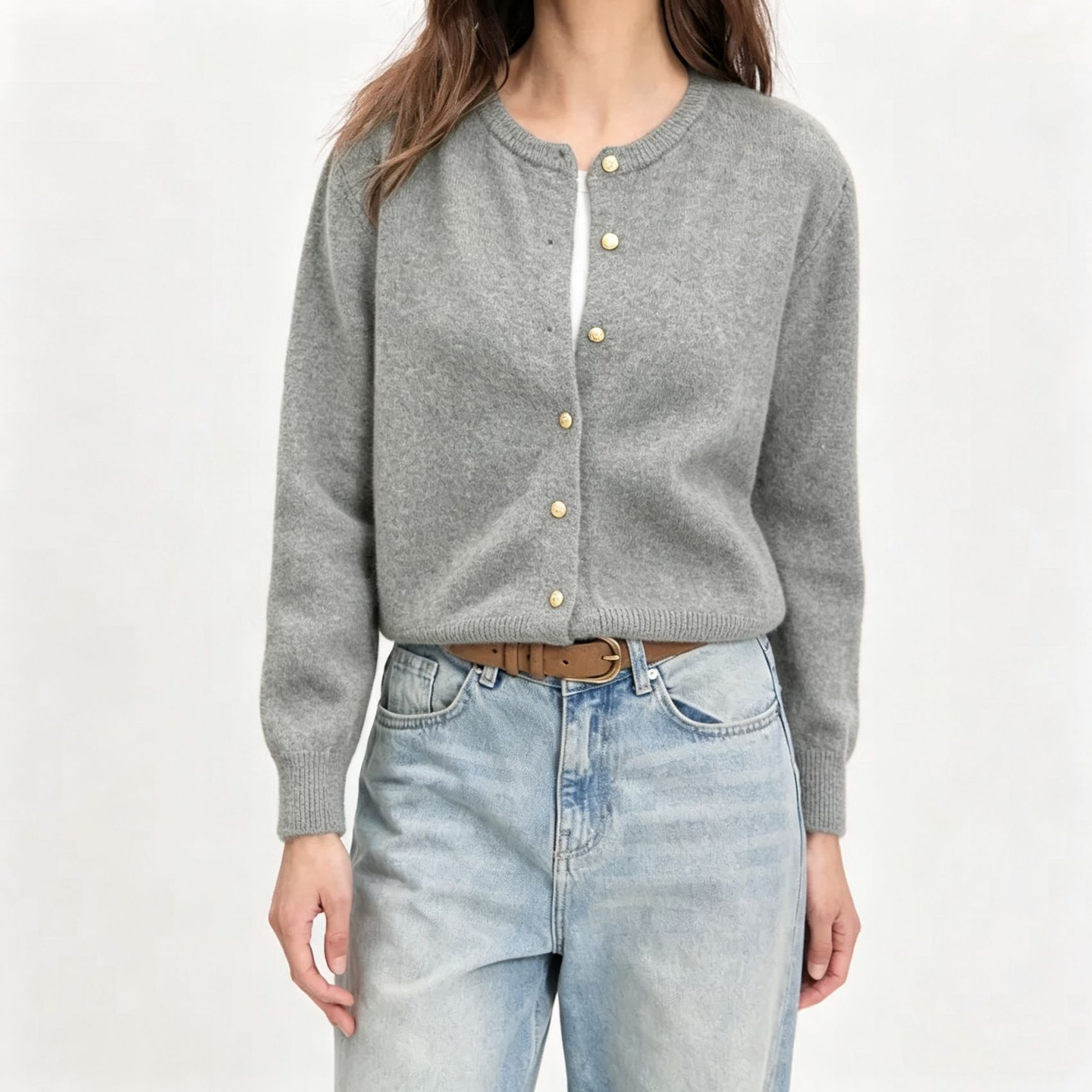 Long Sleeve Knit Cardigan with Gold Buttons Crew Neck Solid Color Loose Sweater Coat