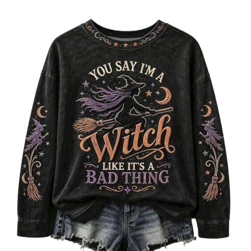 Halloween Witch Castle Print Crewneck Long Sleeve Pullover Sweatshirt