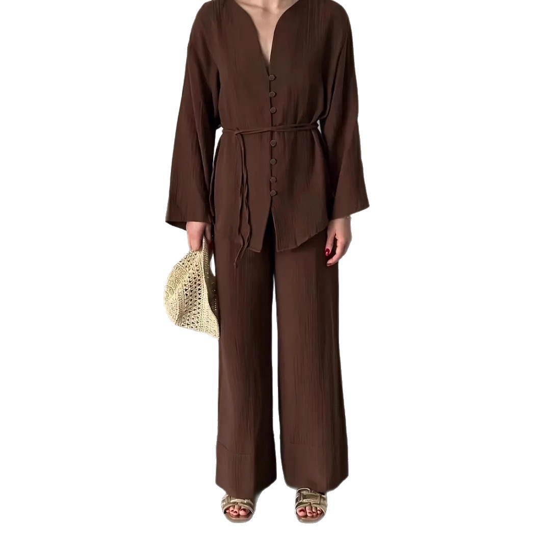 Elegant V-Neck Long-Sleeve Blouse and Straight-Leg Pants Two-Piece Set