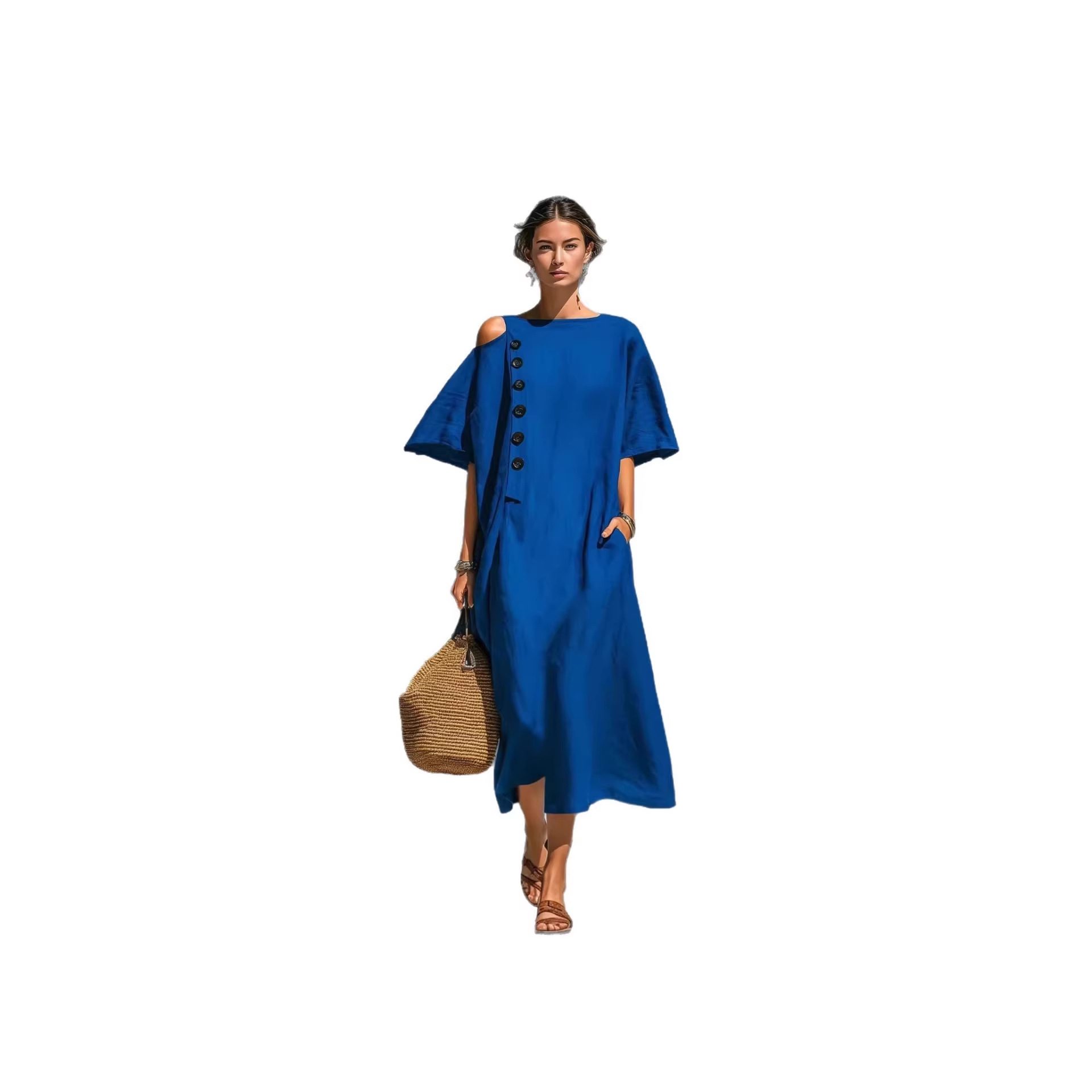 Women's Summer Loose Fit Midi Dress with One-Shoulder Button Detail
